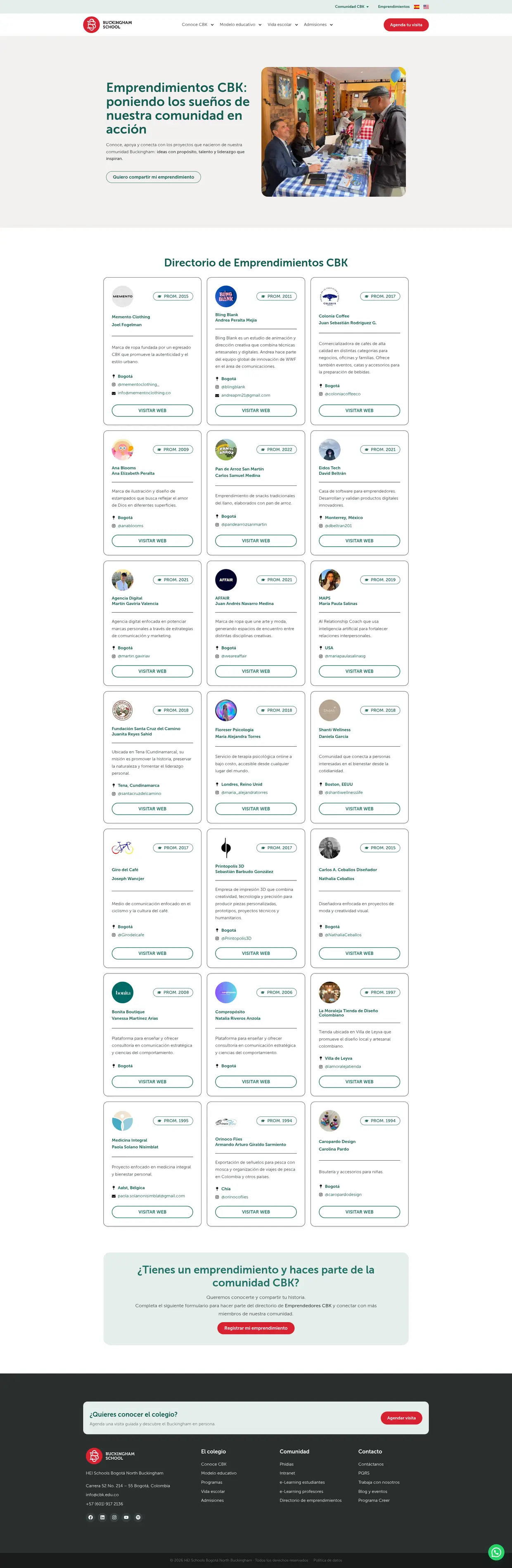 Captura completa de el directorio de emprendimientos de la comunidad del Colegio Buckingham