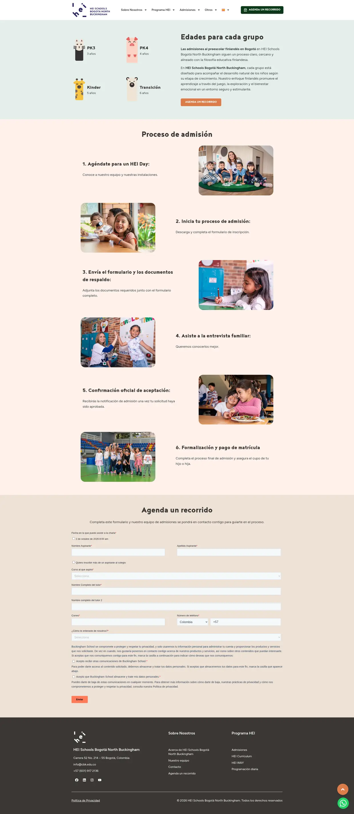 Captura completa de la página de admisiones de HEI Schools Bogotá Norte